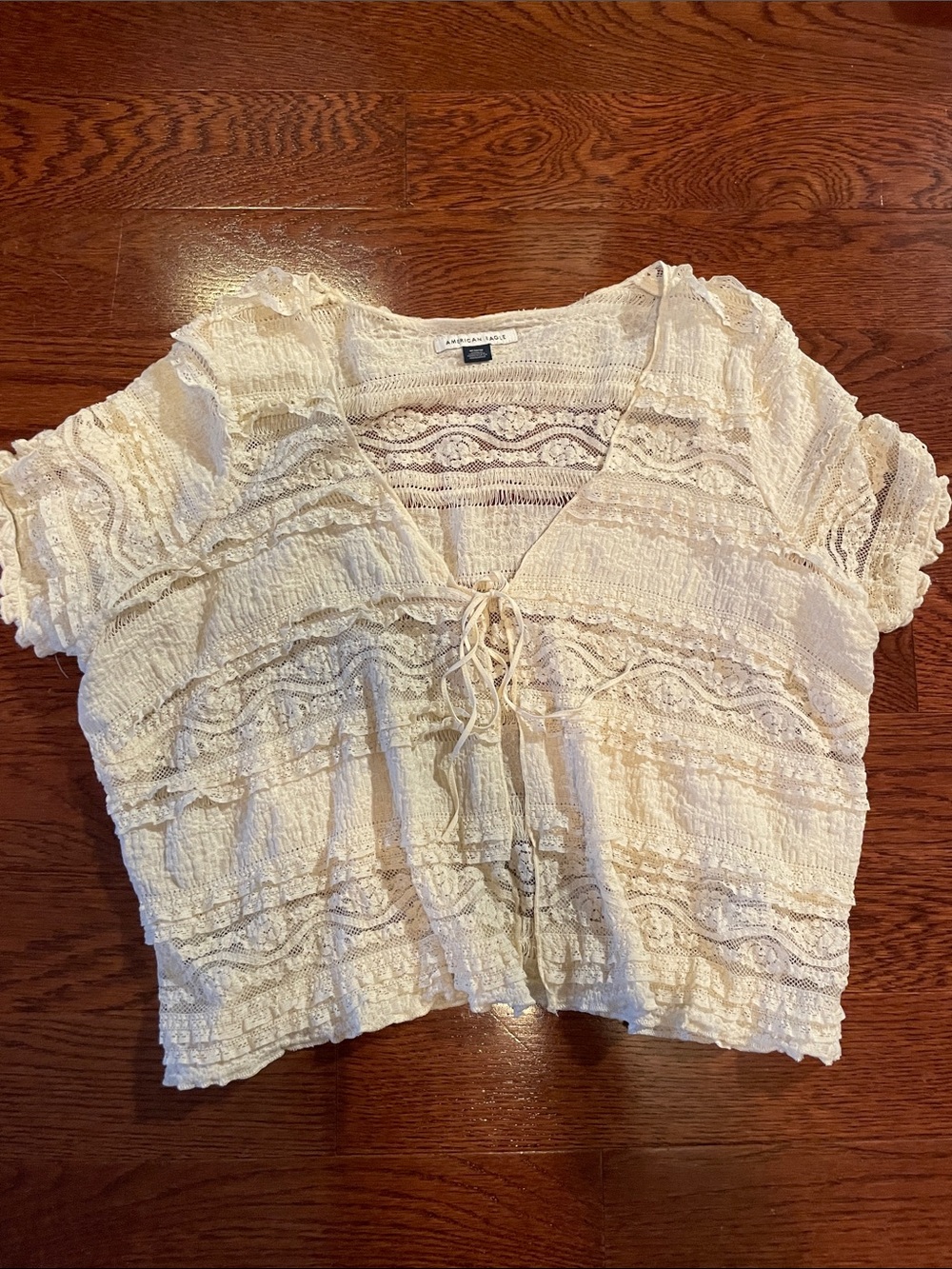 American Eagle Lace-Trim Cream Tie-Front Crop Top